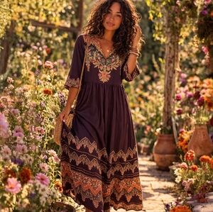 Noracora Black Floral Boho Midi Dress Small Embroidered Border NWT